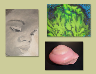 clockwise from left: charcoal portrait by A Blanchette; abstract watercolor by L Norman; ceramic sculpture by W Tokuno
