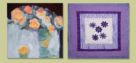 Left: Black Tie Affair (oil) by C Stella; Right: Fabric Collage by R Cornwell
